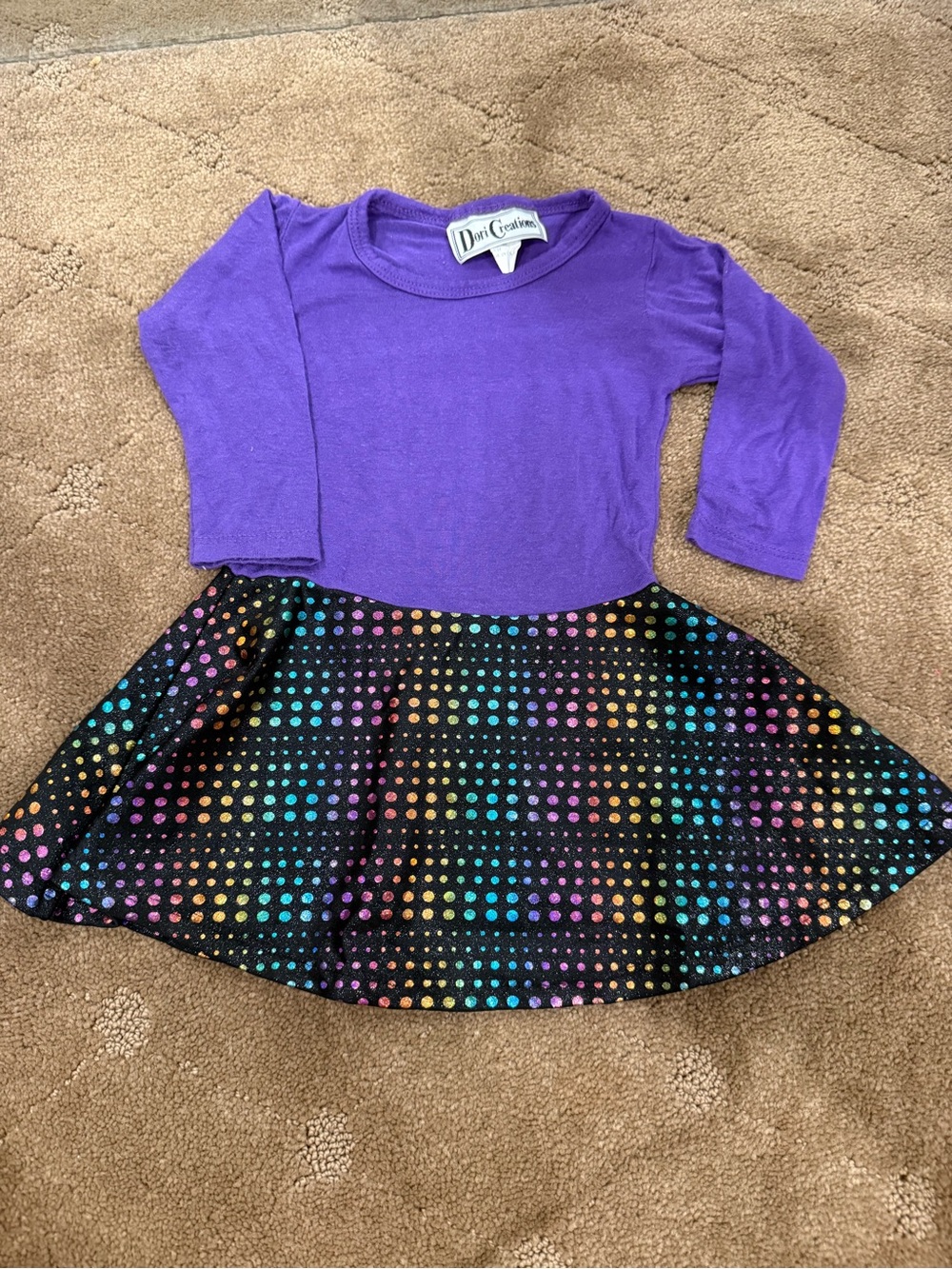 Dori Creations Girls Purple Long‑Sleeve Dress with Rainbow Dot Skirt
